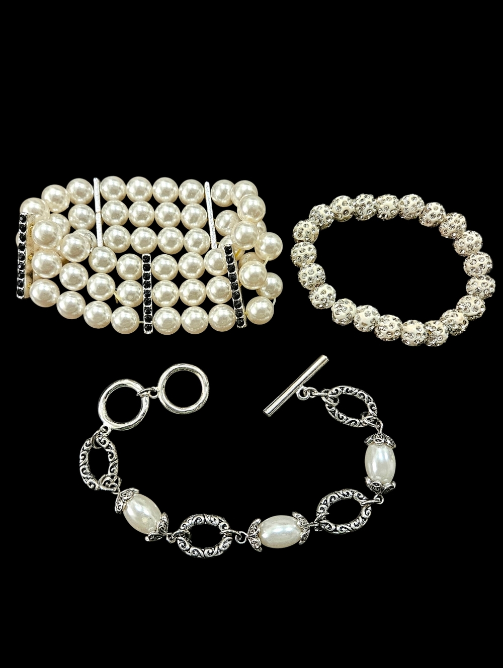 3 Bracelets Vintage Bridal Crystal Pearl Wedding EUC Feminine girlhoodcore Fairy